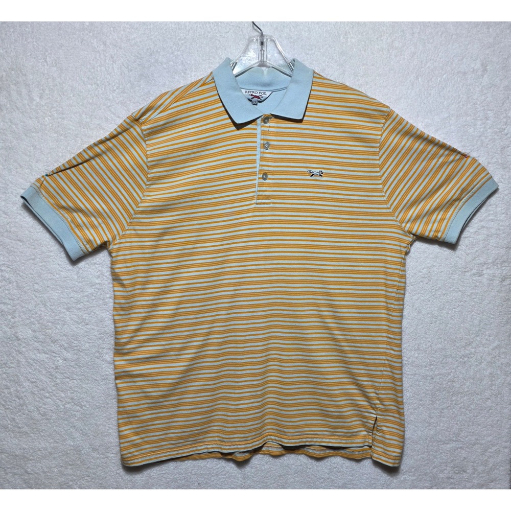 Retro Fox Mens 2XL Orange Blue Striped Short Sleeve Polo Shirt Embroidered Logo